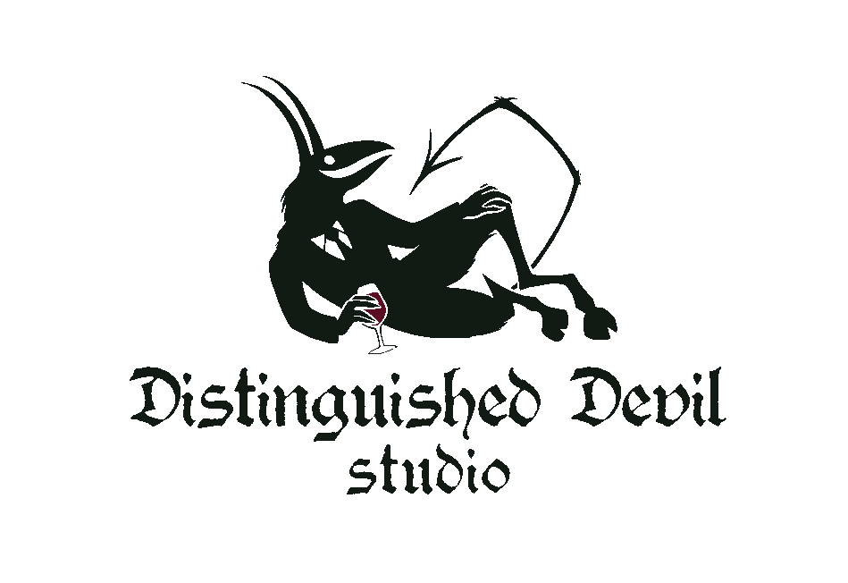 Brand logo of a cartoonish devil in a tuxedo holding a wine glass, with "Distinguished Devil Studio" in gothic text underneath